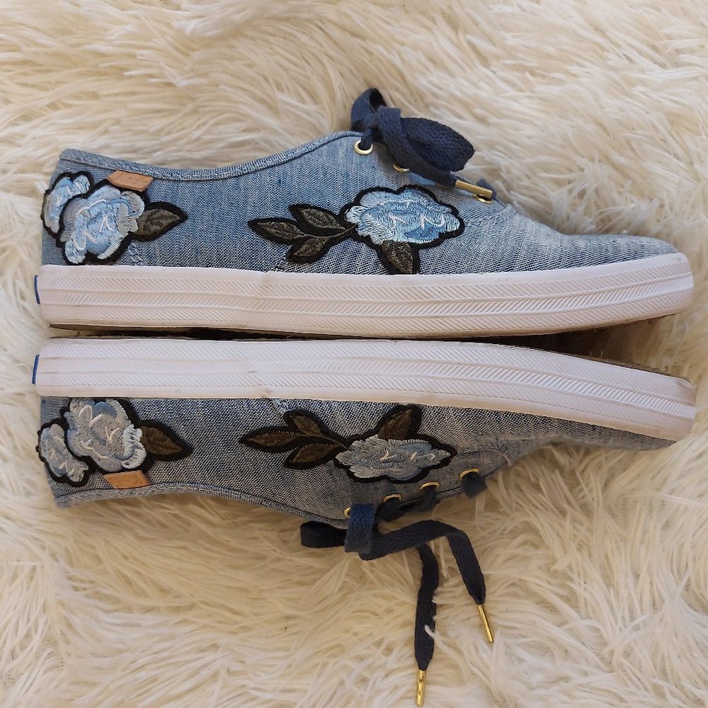 KEDS Champion Chambray Applique Navy Floral Sneaker w/ DearFoam Footbed, Sz 6.5W - Picture 1 of 8